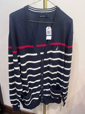 Nautica Navy Cardigan with Cream Stripes and Red Accent